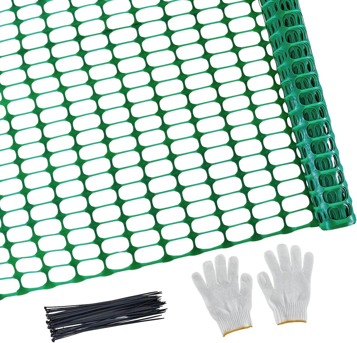 4'x100' Plastic Mesh Fence for Garden with 100 Zip Ties, Green
