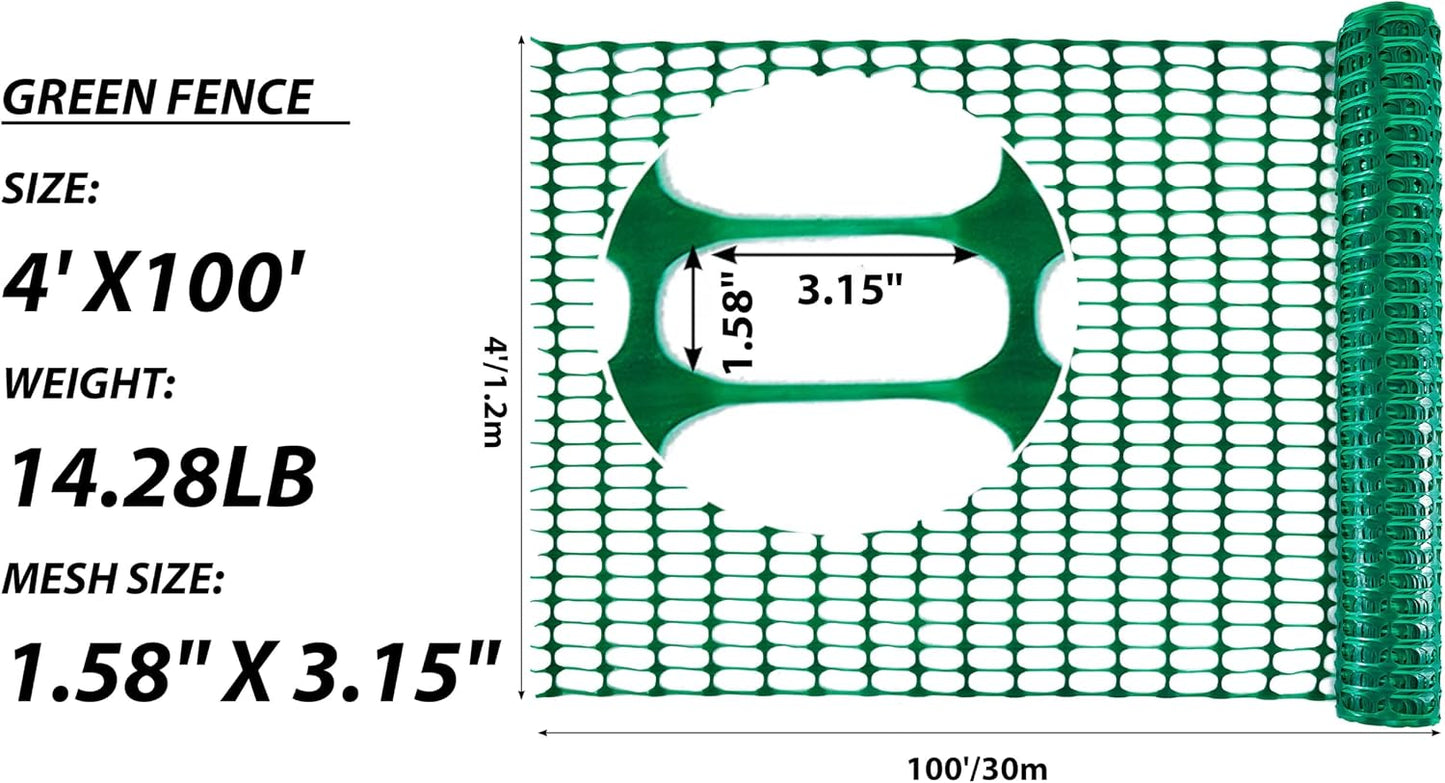 4'x100' Plastic Mesh Fence for Garden with 100 Zip Ties, Green