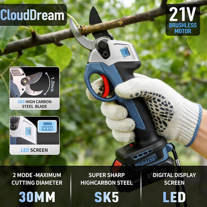 Electric Pruning Shears Cordless,30mm 1.2'' Cutting Diameter Pruning Shears Garden Tool with LED Display,2000mAh*2 Batteries,Replaceable SK5 Blade,Brushless Motor for Garden Tree Pruner Branch
