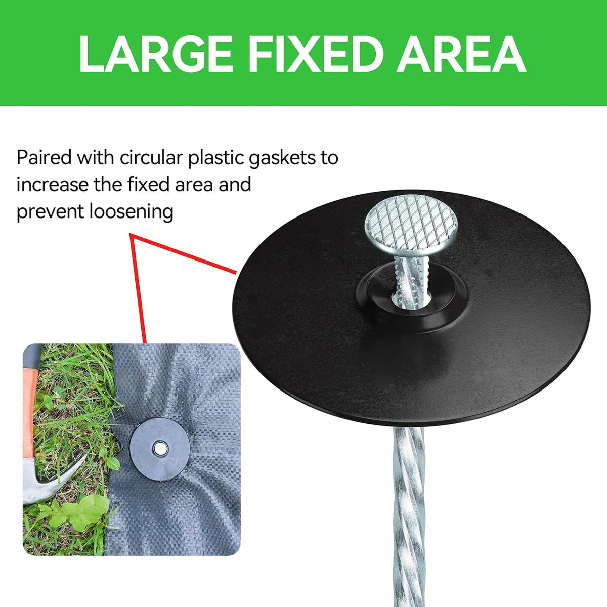 8 Inch Heavy Duty Landscape Stakes with Gasket Caps - 50 Sets Galvanized Spiral Garden Spikes Kit for Securing Weed Barrier Fabric, Artificial Turf, Tent and More