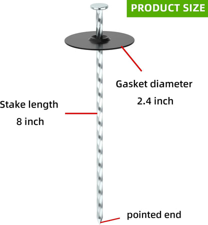 8 Inch Heavy Duty Landscape Stakes with Gasket Caps - 50 Sets Galvanized Spiral Garden Spikes Kit for Securing Weed Barrier Fabric, Artificial Turf, Tent and More