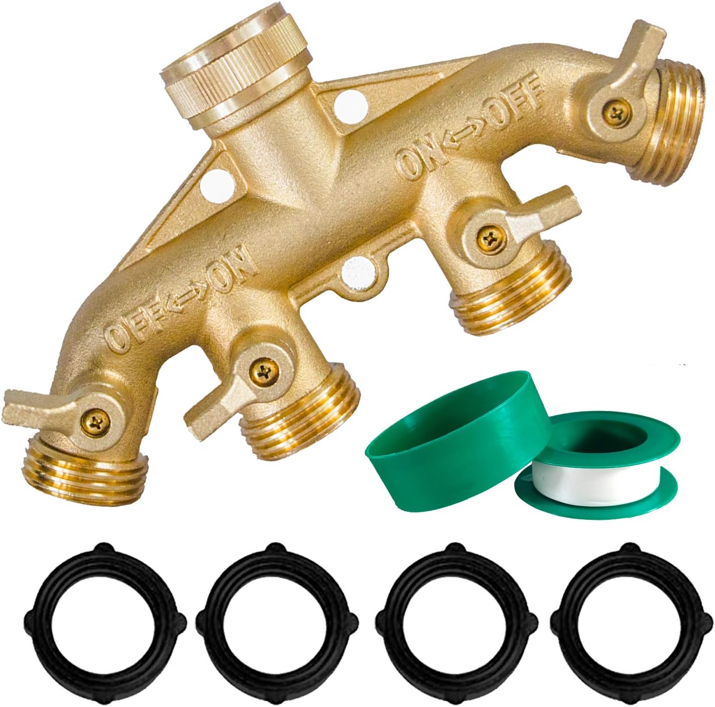 Brass Garden Hose Splitter (4 Way), Solid Brass Hose Connector 3/4", Hose Spigot Adapter 4 Valves with 4 Extra Rubber Washers