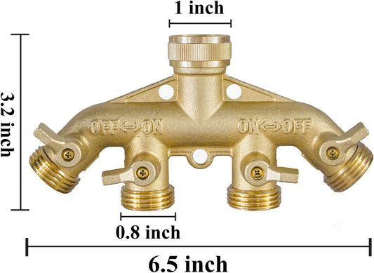 Brass Garden Hose Splitter (4 Way), Solid Brass Hose Connector 3/4", Hose Spigot Adapter 4 Valves with 4 Extra Rubber Washers