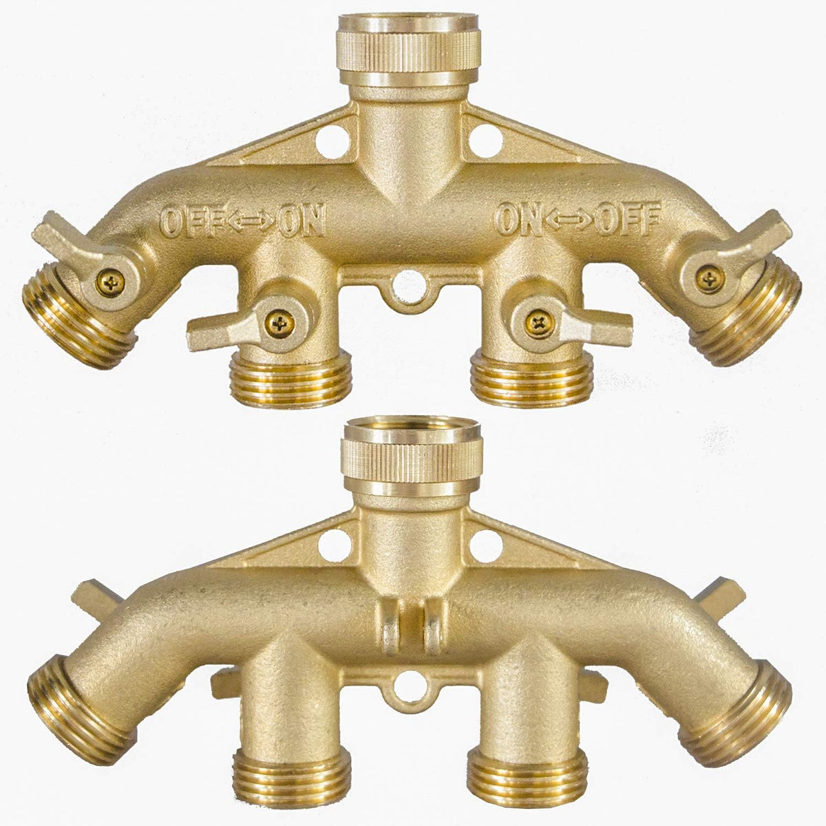 Brass Garden Hose Splitter (4 Way), Solid Brass Hose Connector 3/4", Hose Spigot Adapter 4 Valves with 4 Extra Rubber Washers