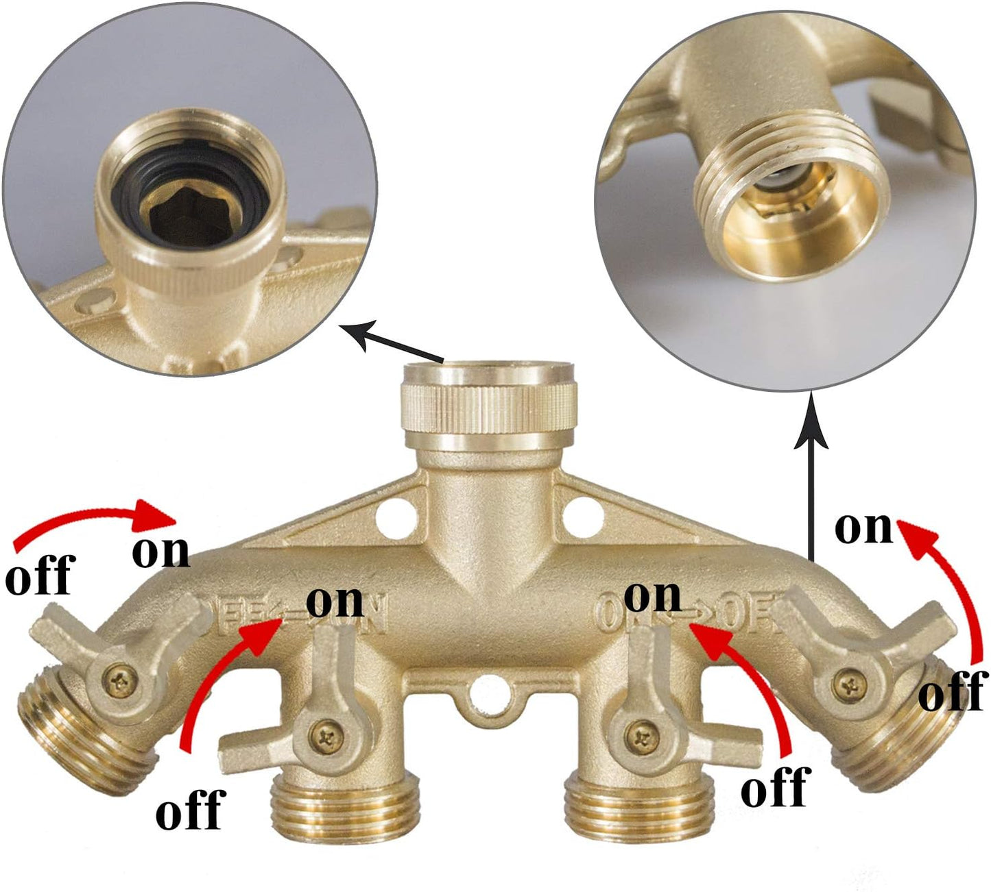 Brass Garden Hose Splitter (4 Way), Solid Brass Hose Connector 3/4", Hose Spigot Adapter 4 Valves with 4 Extra Rubber Washers
