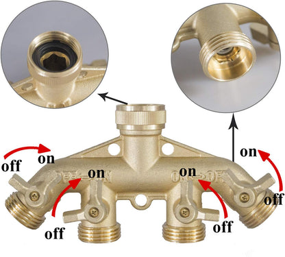 Brass Garden Hose Splitter (4 Way), Solid Brass Hose Connector 3/4", Hose Spigot Adapter 4 Valves with 4 Extra Rubber Washers