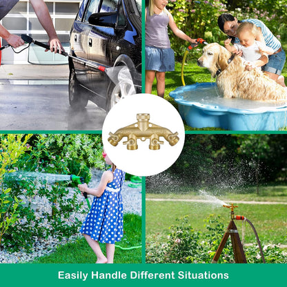 Brass Garden Hose Splitter (4 Way), Solid Brass Hose Connector 3/4", Hose Spigot Adapter 4 Valves with 4 Extra Rubber Washers