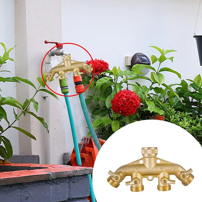 Brass Garden Hose Splitter (4 Way), Solid Brass Hose Connector 3/4", Hose Spigot Adapter 4 Valves with 4 Extra Rubber Washers