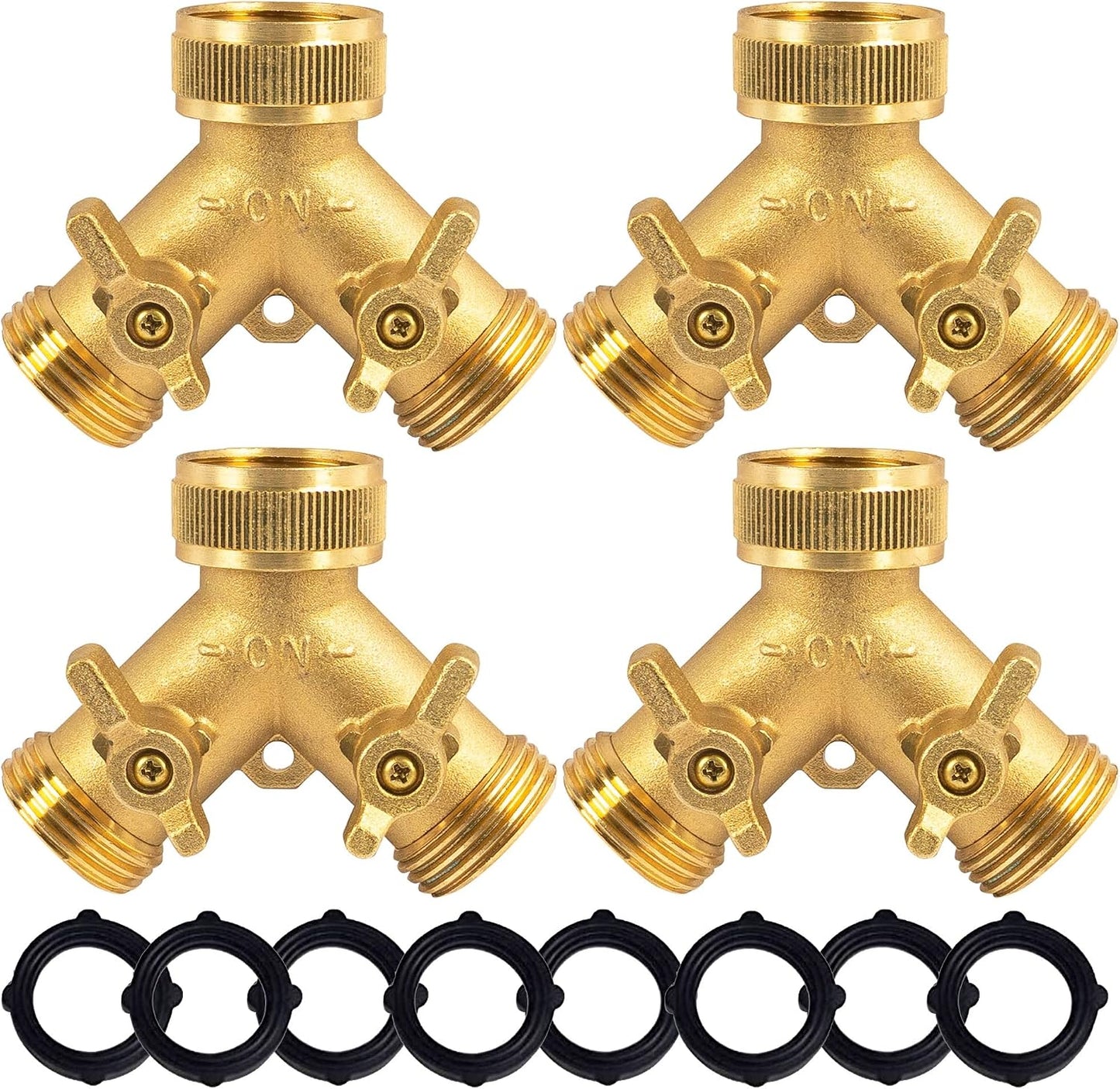 Brass Garden Hose Splitter (4 Way), Solid Brass Hose Connector 3/4", Hose Spigot Adapter 4 Valves with 4 Extra Rubber Washers