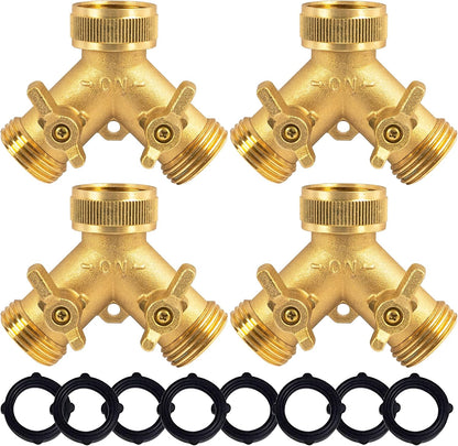 Brass Garden Hose Splitter (4 Way), Solid Brass Hose Connector 3/4", Hose Spigot Adapter 4 Valves with 4 Extra Rubber Washers