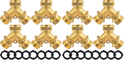 Brass Garden Hose Splitter (4 Way), Solid Brass Hose Connector 3/4", Hose Spigot Adapter 4 Valves with 4 Extra Rubber Washers