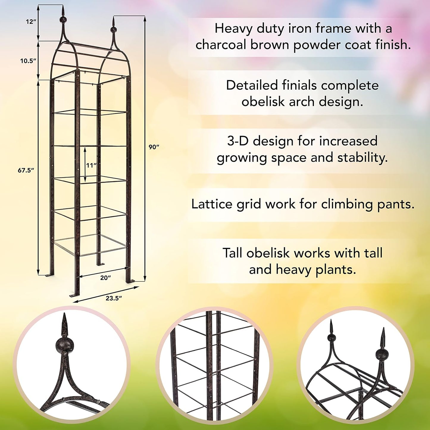 7.5 Ft Garden Obelisk Trellis, Freestanding, Heavy Duty Iron