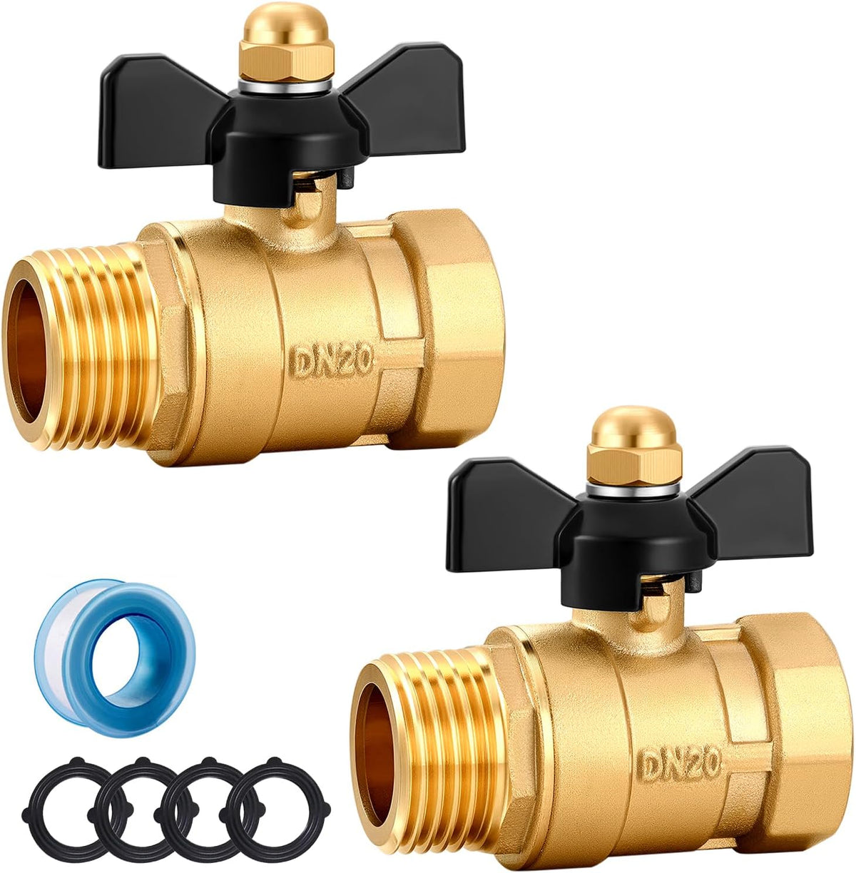 Garden Hose Brass Shut Off Valve Full Flow, No Restricted-Flow Water Shut-Off Connector, 3/4" GHT x 3/4" GHT Garden Hose Full Port Ball Valve Adapter (Butterfly Handle)