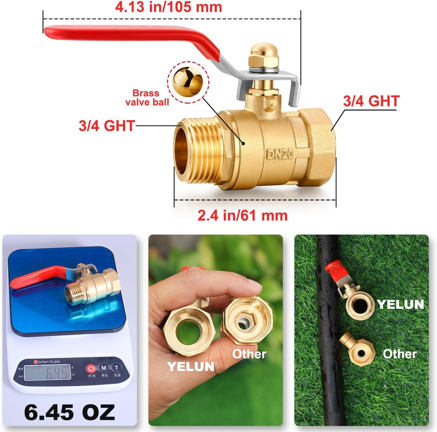 Garden Hose Brass Shut Off Valve Full Flow, No Restricted-Flow Water Shut-Off Connector, 3/4" GHT x 3/4" GHT Garden Hose Full Port Ball Valve Adapter (Butterfly Handle)