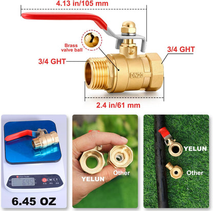 Garden Hose Brass Shut Off Valve Full Flow, No Restricted-Flow Water Shut-Off Connector, 3/4" GHT x 3/4" GHT Garden Hose Full Port Ball Valve Adapter (Butterfly Handle)