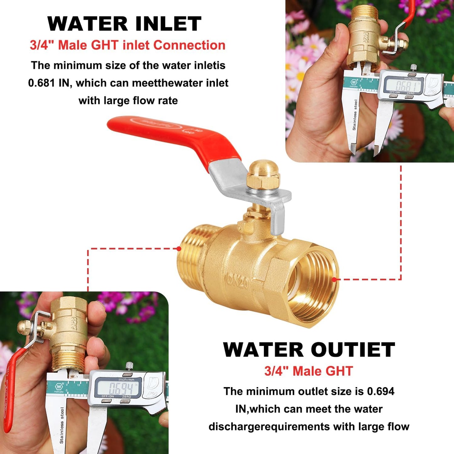 Garden Hose Brass Shut Off Valve Full Flow, No Restricted-Flow Water Shut-Off Connector, 3/4" GHT x 3/4" GHT Garden Hose Full Port Ball Valve Adapter (Butterfly Handle)
