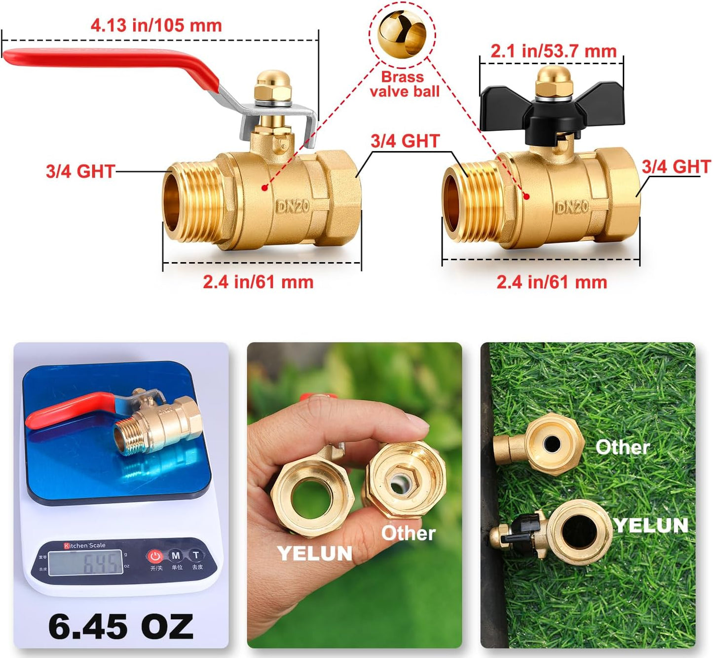 Garden Hose Brass Shut Off Valve Full Flow, No Restricted-Flow Water Shut-Off Connector, 3/4" GHT x 3/4" GHT Garden Hose Full Port Ball Valve Adapter (Butterfly Handle)