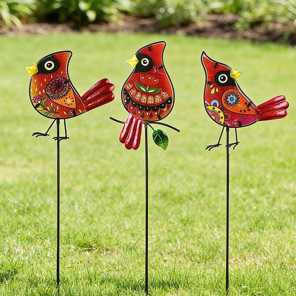 Set of 3 Cardinal Stained Glass Decorative Garden Stakes
