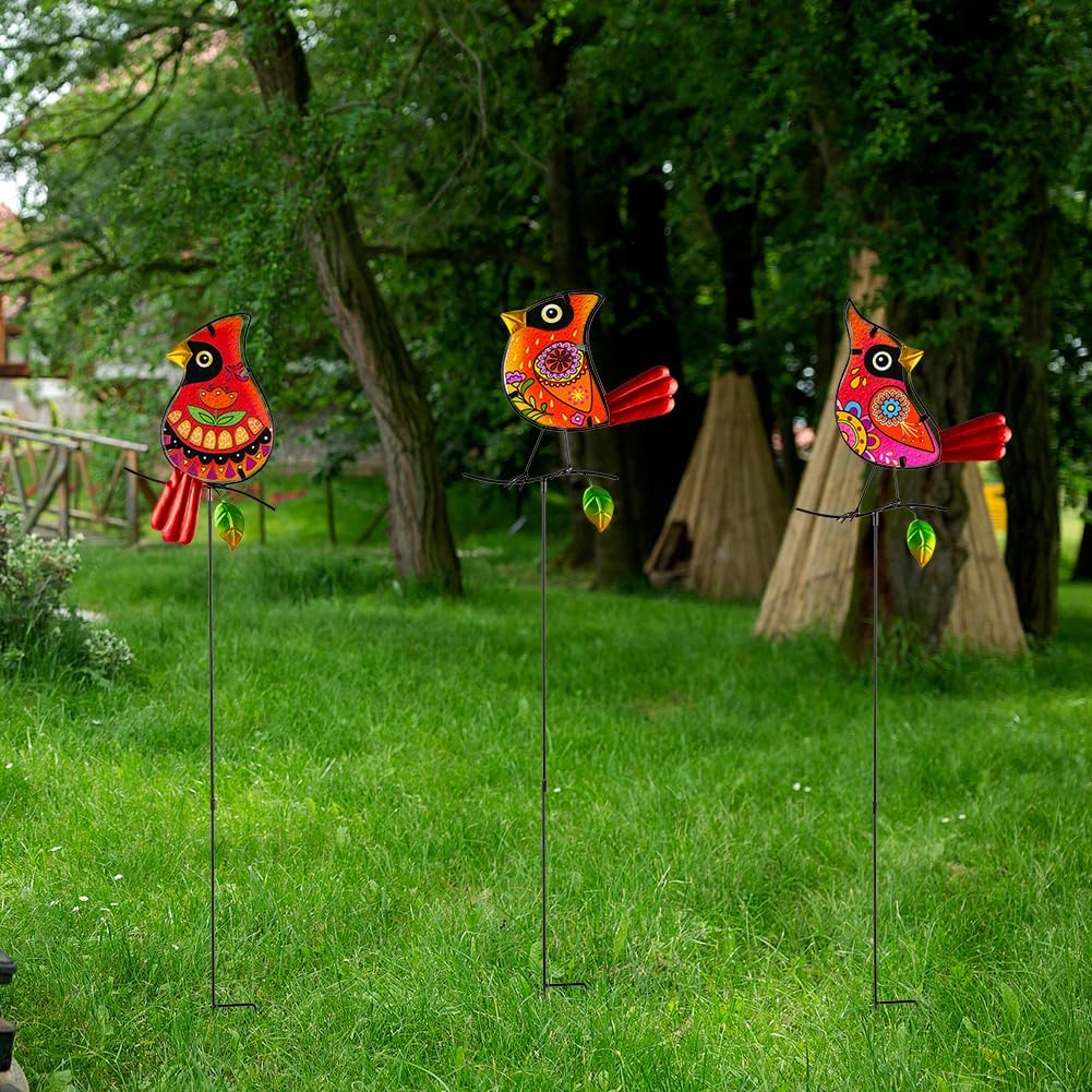 Set of 3 Cardinal Stained Glass Decorative Garden Stakes