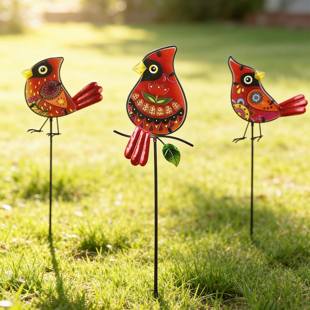 Set of 3 Cardinal Stained Glass Decorative Garden Stakes