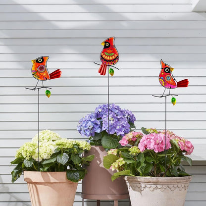 Set of 3 Cardinal Stained Glass Decorative Garden Stakes