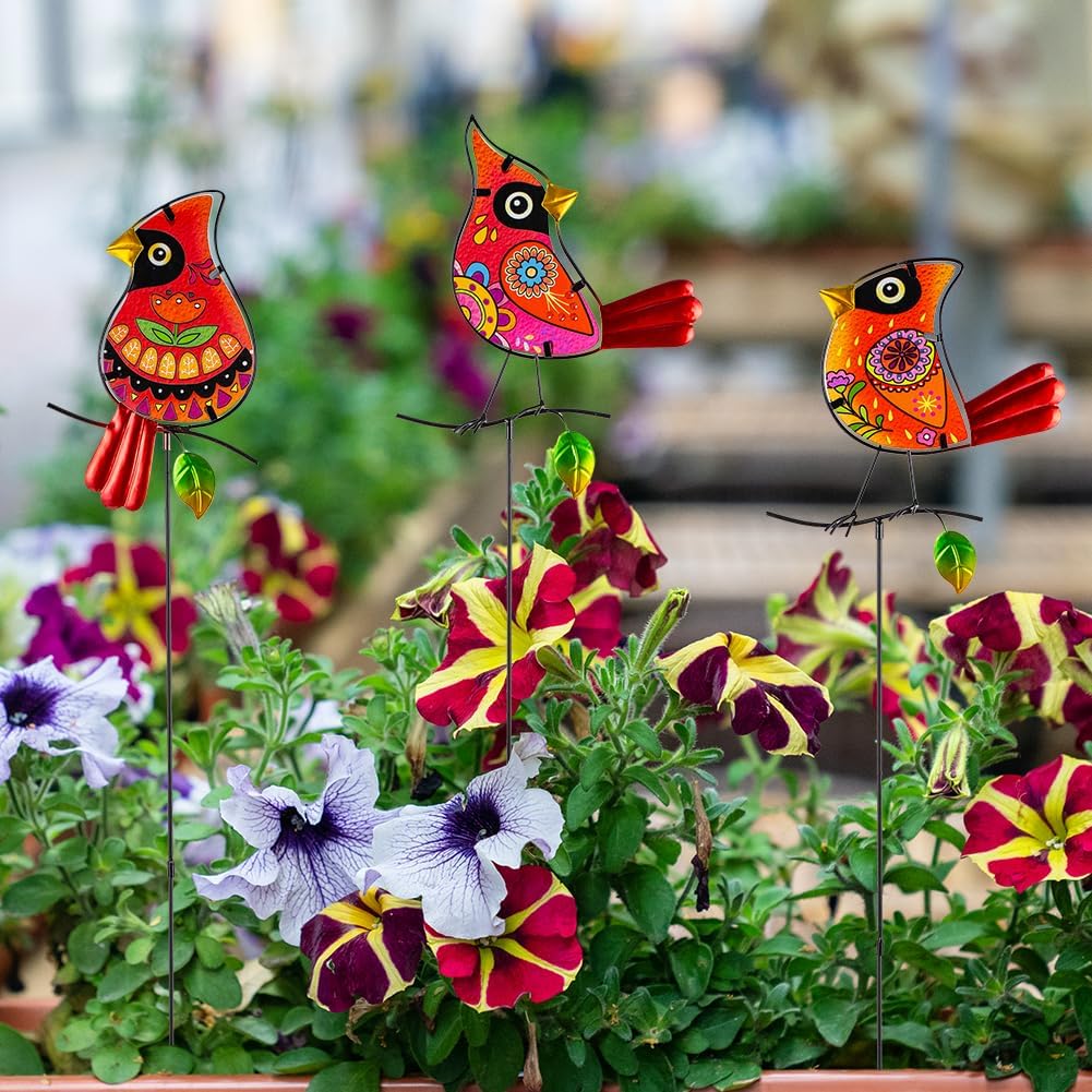 Set of 3 Cardinal Stained Glass Decorative Garden Stakes