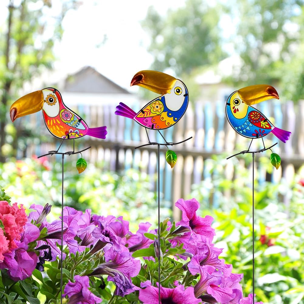 Set of 3 Cardinal Stained Glass Decorative Garden Stakes