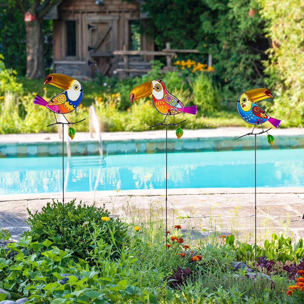 Set of 3 Cardinal Stained Glass Decorative Garden Stakes