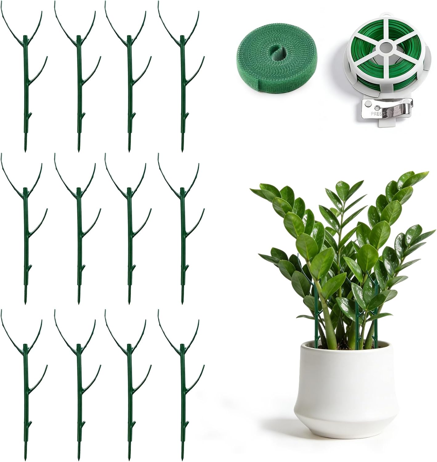 12 Pack Stackable Monstera Plant Support Stakes with Twist Ties and Hook and Loop Tape, Plant Stakes for Indoor Plants, Pothos and Philodendron