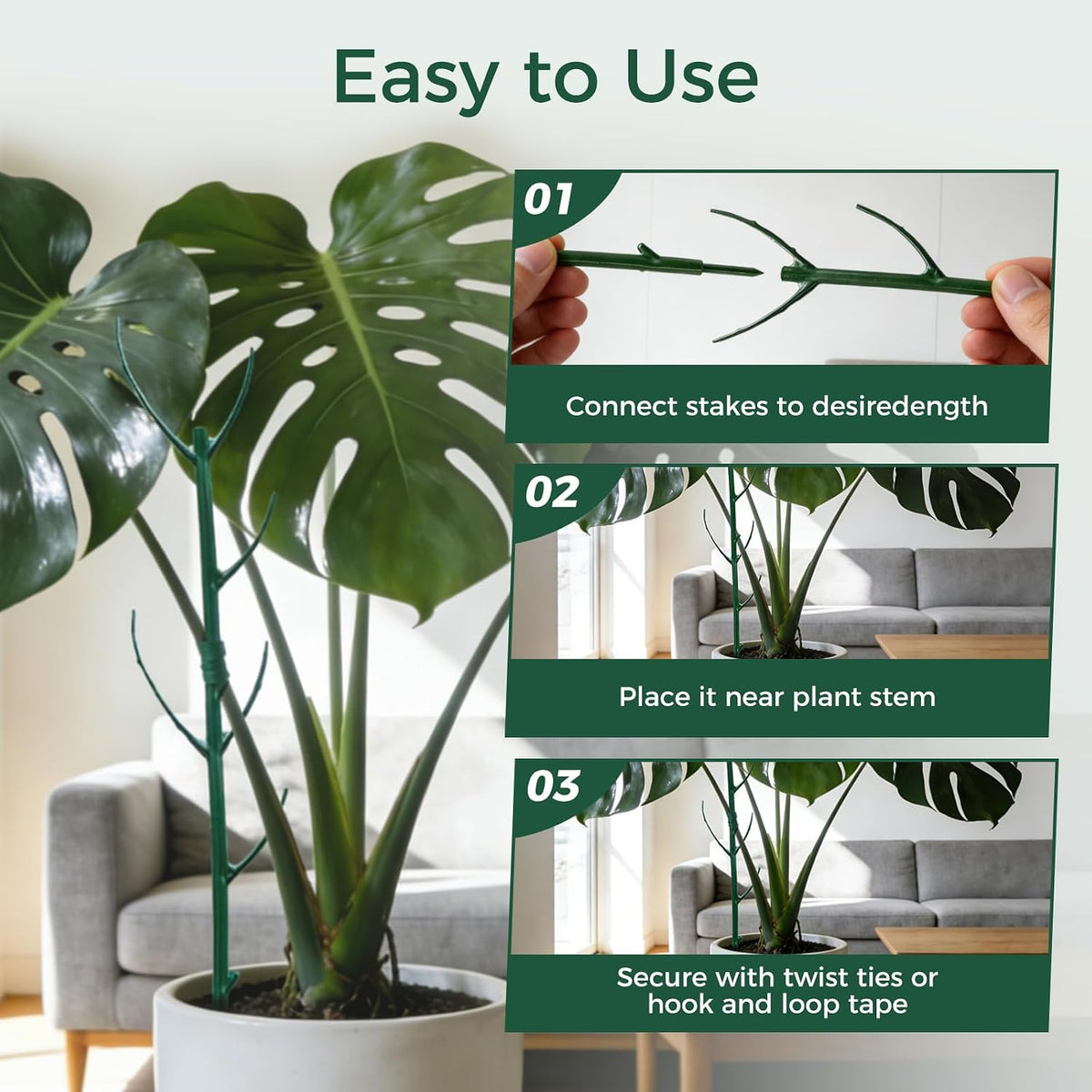 12 Pack Stackable Monstera Plant Support Stakes with Twist Ties and Hook and Loop Tape, Plant Stakes for Indoor Plants, Pothos and Philodendron