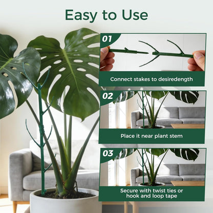 12 Pack Stackable Monstera Plant Support Stakes with Twist Ties and Hook and Loop Tape, Plant Stakes for Indoor Plants, Pothos and Philodendron