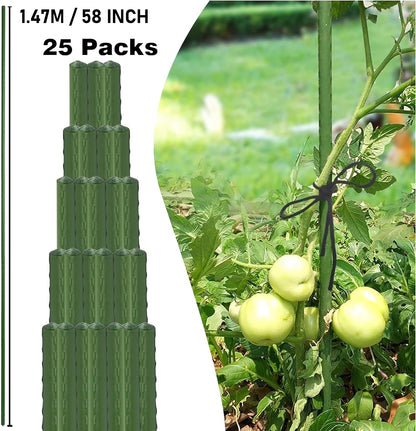 Garden Stakes, 25 Pack Steel Plant Garden Tomato Stakes with Plastic Coat for Climbing Plants (25 Pack 58 Inch)