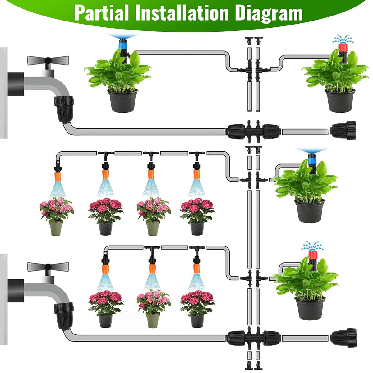240FT Drip Irrigation System with with 1/2'' 1/4'' Tubing Hose