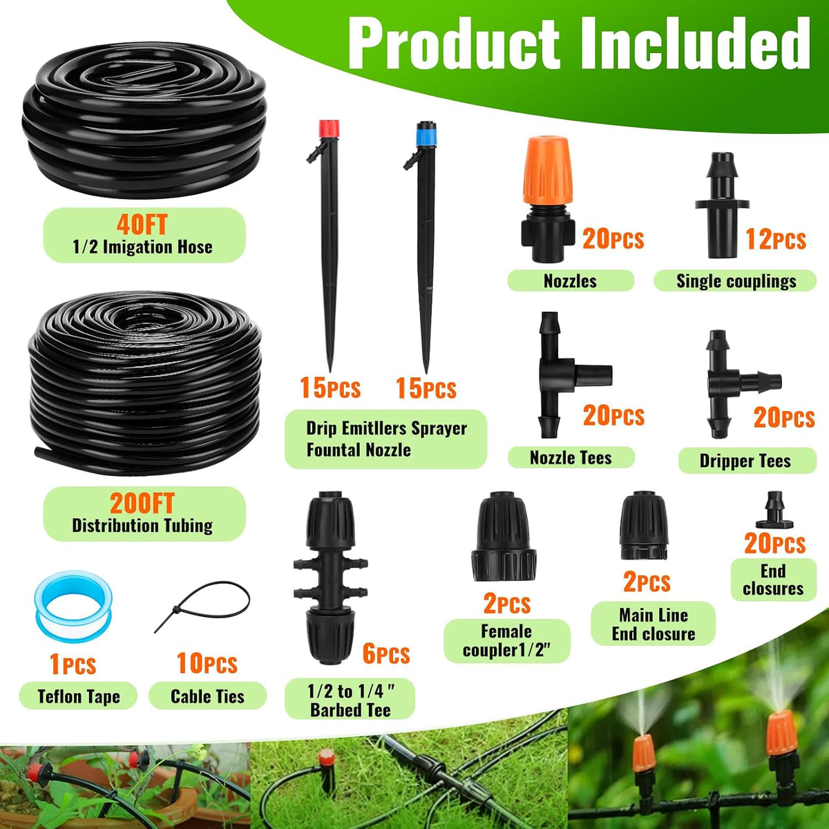 240FT Drip Irrigation System with with 1/2'' 1/4'' Tubing Hose
