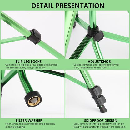 Green Zinc Alloy Water Bird Sprinkler, Heavy Duty Tripod Base Garden Sprinkler, 360 Degree Large Area Irrigation, Durable Flip Lock Legs & Adjustable Nozzle, 2 Pack