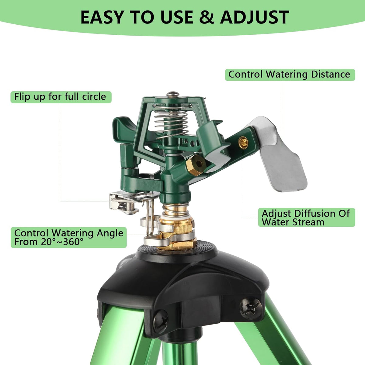 Green Zinc Alloy Water Bird Sprinkler, Heavy Duty Tripod Base Garden Sprinkler, 360 Degree Large Area Irrigation, Durable Flip Lock Legs & Adjustable Nozzle, 2 Pack