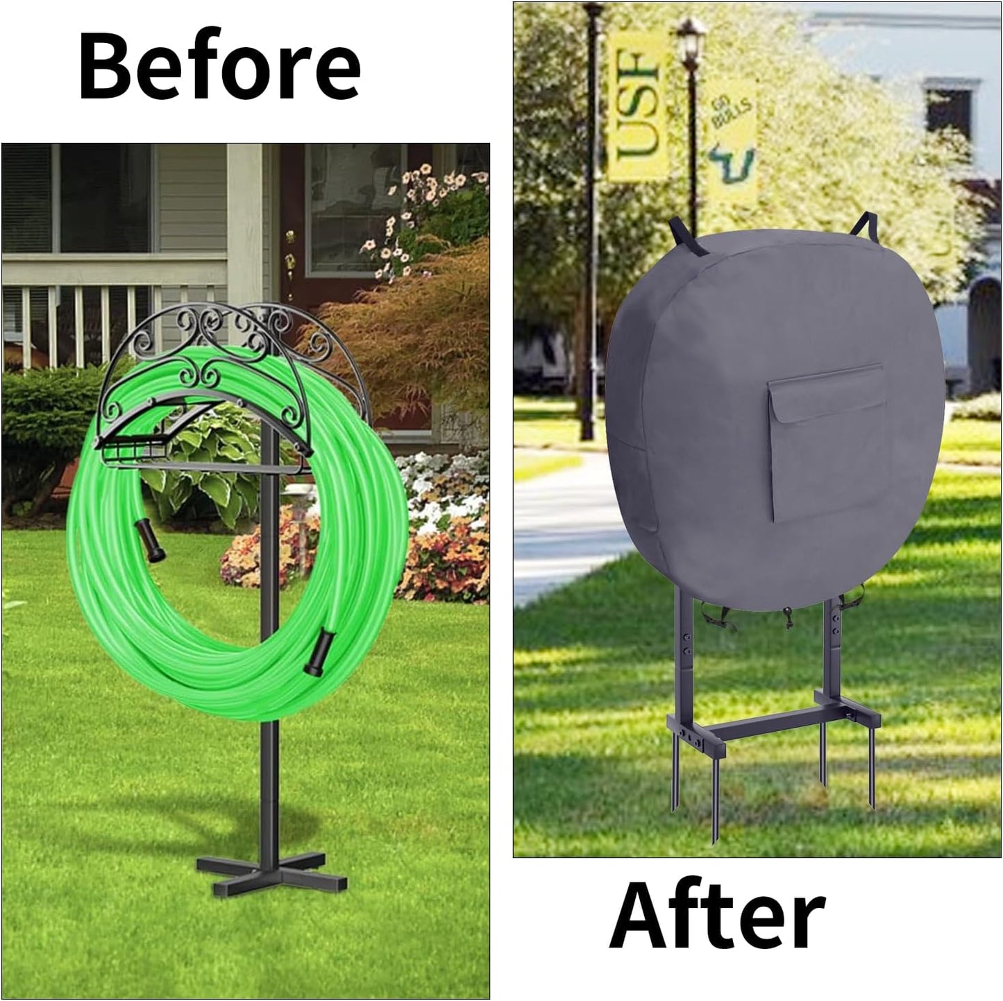 Garden Hose Holder Cover Hose Rack Metal Water Hose Stand 600D Oxford Cover with Shrink Cord Buckle (Gray)