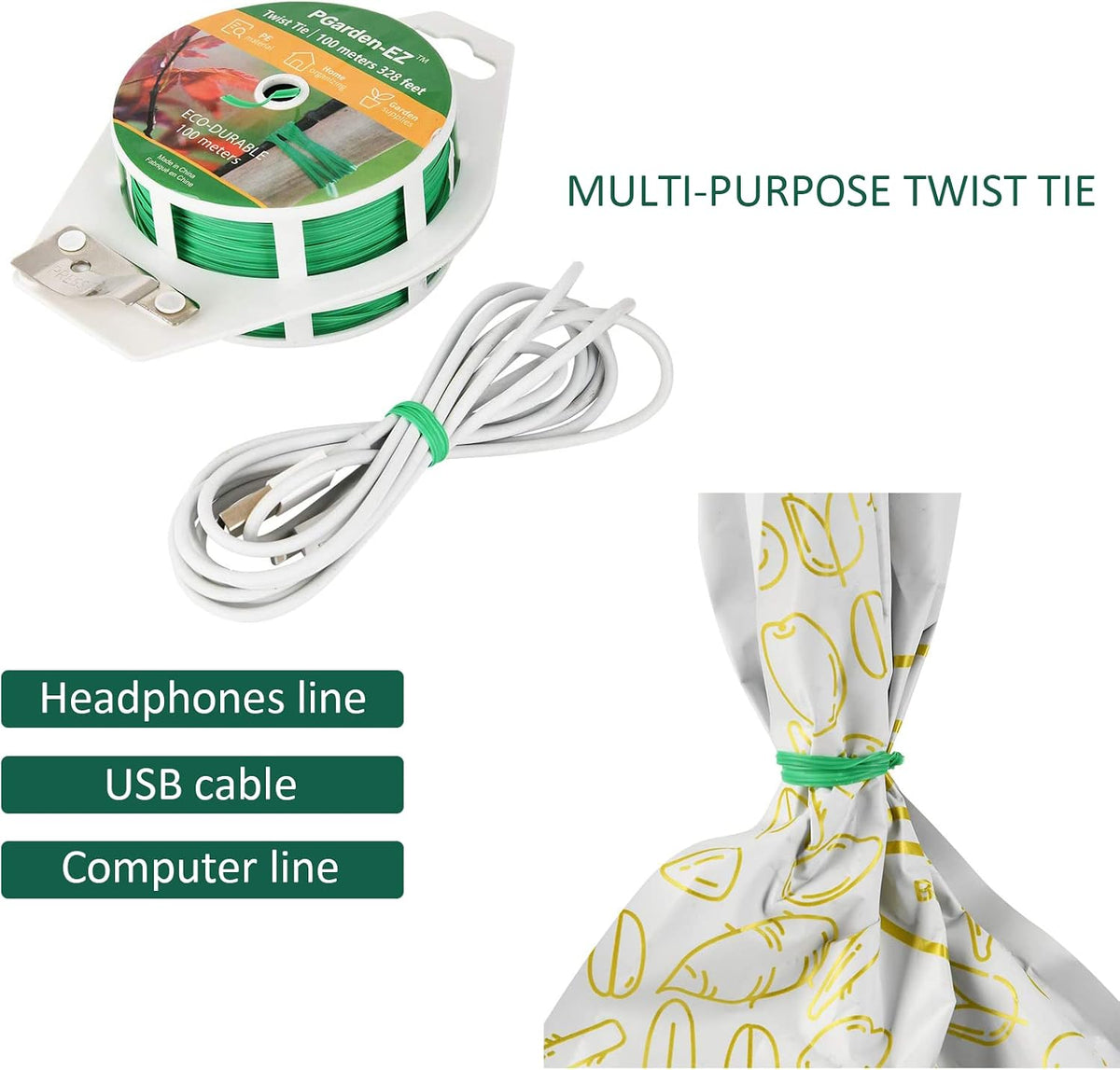 Twist Ties - 328ft Plant Ties PE-Coated Garden Ties with Cutter for Gardening Tomatoes Vines and Office Home Cable Organizing (1Reel/Green)…