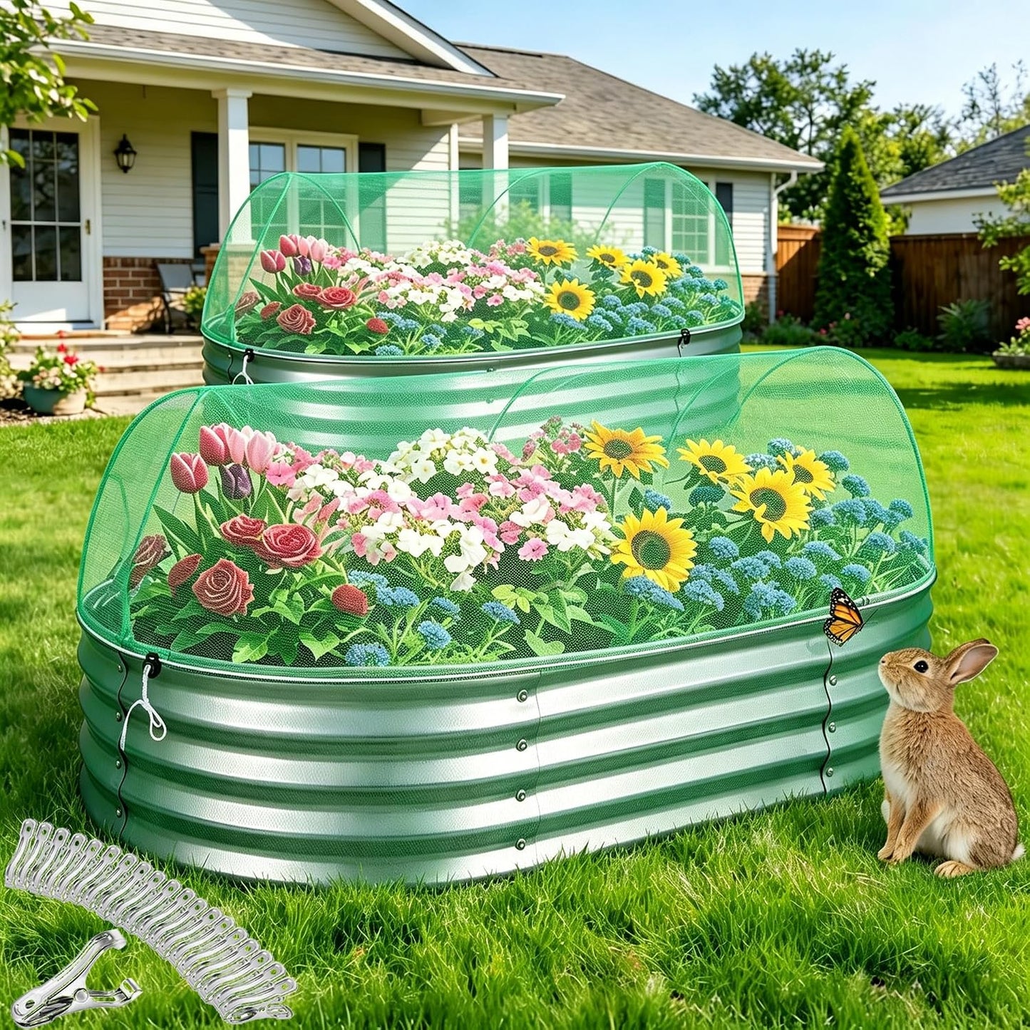Garden Netting for Raised Beds 2PCS, Raised Garden Bed Plant Netting Cover Mesh with Drawstring for Garden Protection, Rectangular Bird Insect Netting Pest Barrier Screen for Vegetable, 4x2x1ft, White