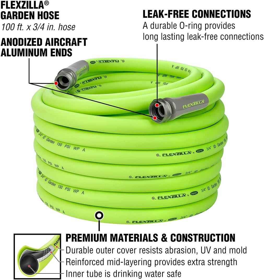 Garden Hose 3/4 in. x 100 ft., Lightweight All-Weather Water Hose, Durable and Flexible, Leak-Free Connections
