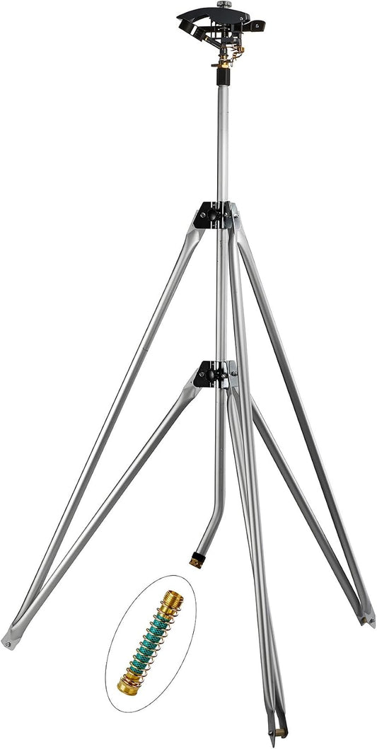 Heavy Duty Tripod Sprinkler 300003, Long Range Sprinkler with 100 FT Reach, 6 Feet Adjustable Tripod Height, 360° Range Control, for Farm, Lawn, Field, Orchard Irrigation