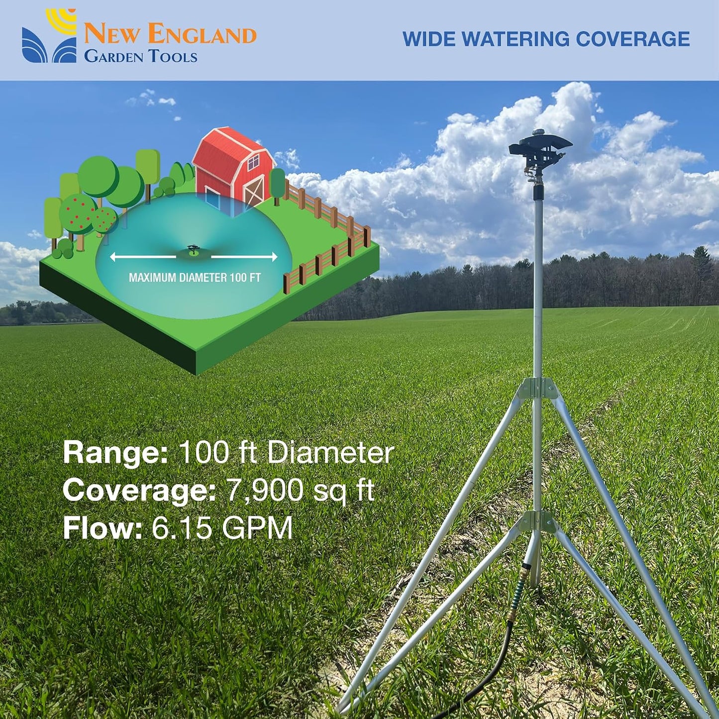 Heavy Duty Tripod Sprinkler 300003, Long Range Sprinkler with 100 FT Reach, 6 Feet Adjustable Tripod Height, 360° Range Control, for Farm, Lawn, Field, Orchard Irrigation