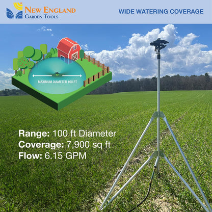 Heavy Duty Tripod Sprinkler 300003, Long Range Sprinkler with 100 FT Reach, 6 Feet Adjustable Tripod Height, 360° Range Control, for Farm, Lawn, Field, Orchard Irrigation