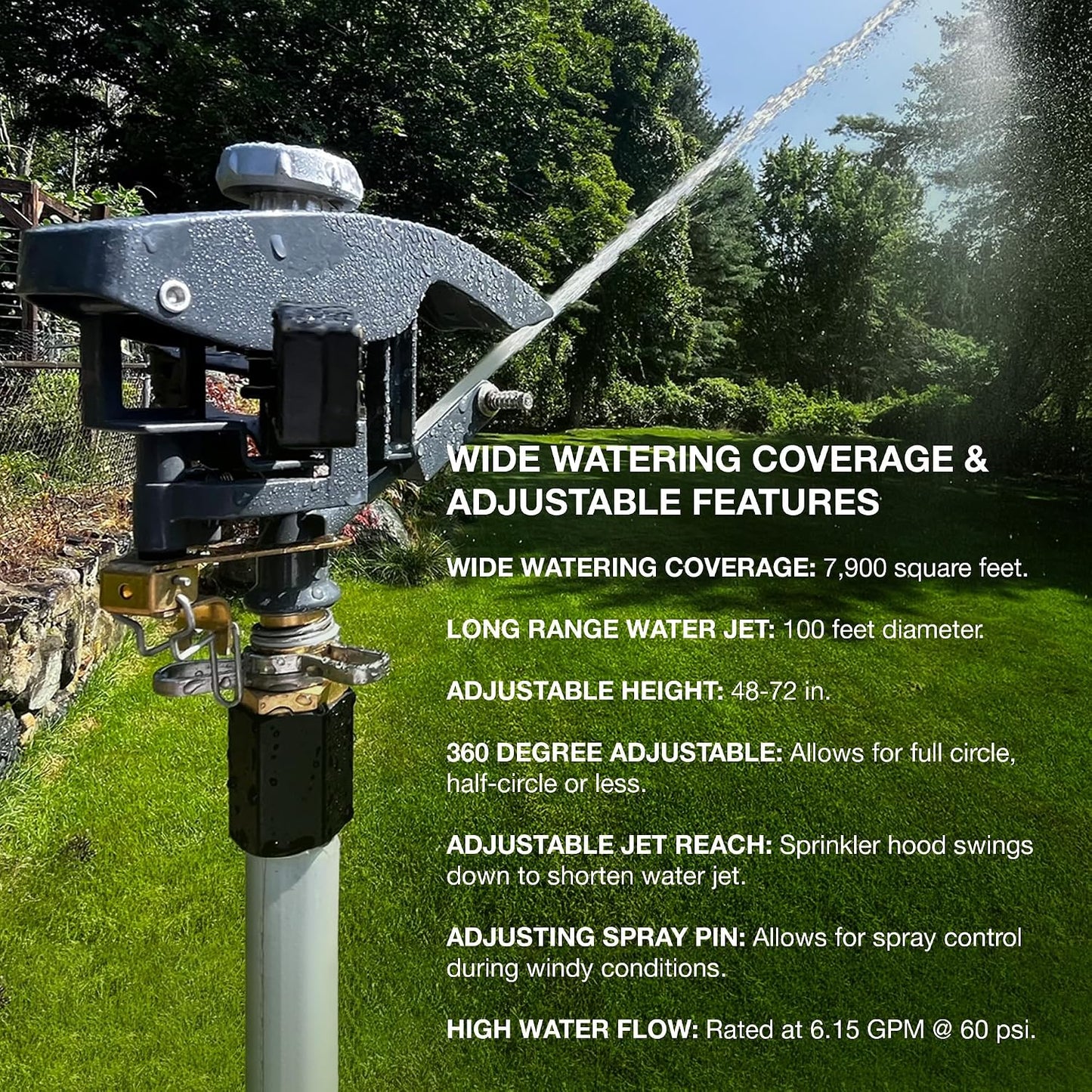 Heavy Duty Tripod Sprinkler 300003, Long Range Sprinkler with 100 FT Reach, 6 Feet Adjustable Tripod Height, 360° Range Control, for Farm, Lawn, Field, Orchard Irrigation
