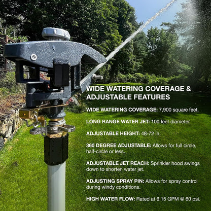 Heavy Duty Tripod Sprinkler 300003, Long Range Sprinkler with 100 FT Reach, 6 Feet Adjustable Tripod Height, 360° Range Control, for Farm, Lawn, Field, Orchard Irrigation