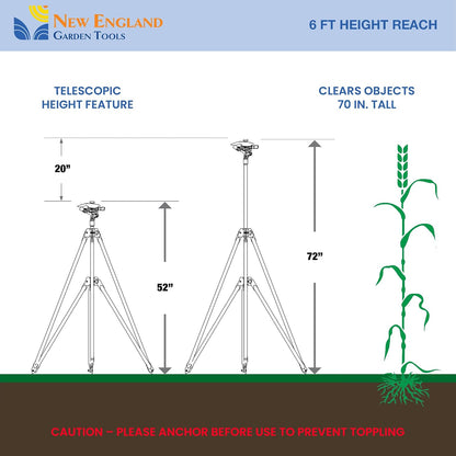 Heavy Duty Tripod Sprinkler 300003, Long Range Sprinkler with 100 FT Reach, 6 Feet Adjustable Tripod Height, 360° Range Control, for Farm, Lawn, Field, Orchard Irrigation