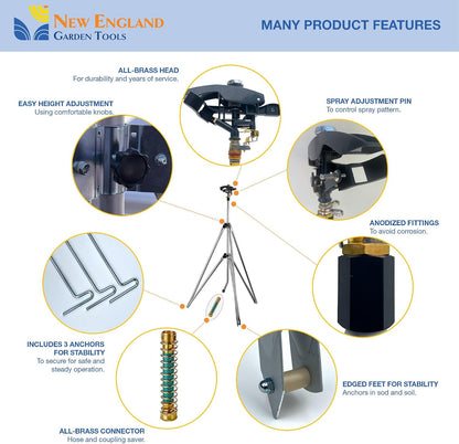 Heavy Duty Tripod Sprinkler 300003, Long Range Sprinkler with 100 FT Reach, 6 Feet Adjustable Tripod Height, 360° Range Control, for Farm, Lawn, Field, Orchard Irrigation
