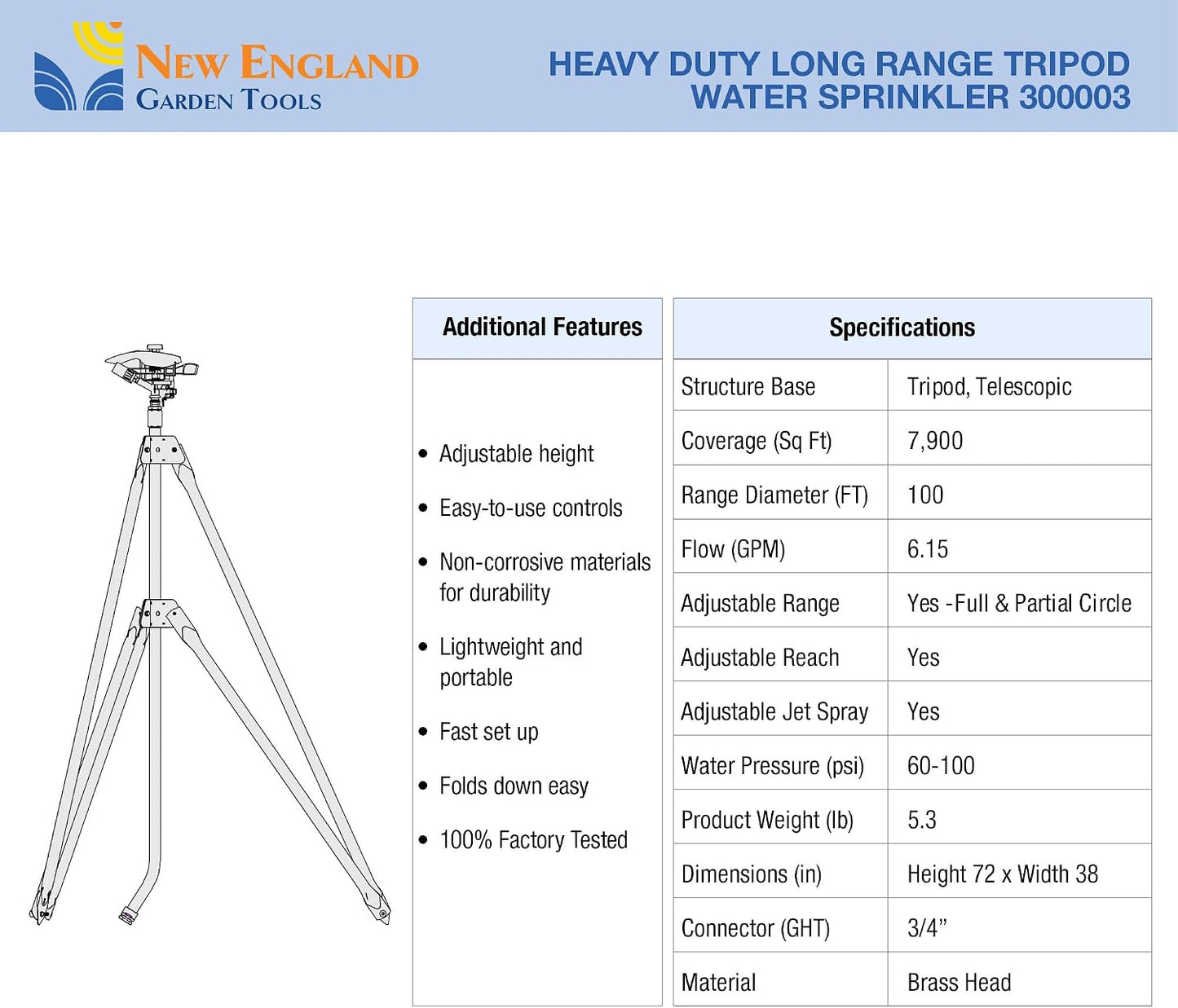 Heavy Duty Tripod Sprinkler 300003, Long Range Sprinkler with 100 FT Reach, 6 Feet Adjustable Tripod Height, 360° Range Control, for Farm, Lawn, Field, Orchard Irrigation