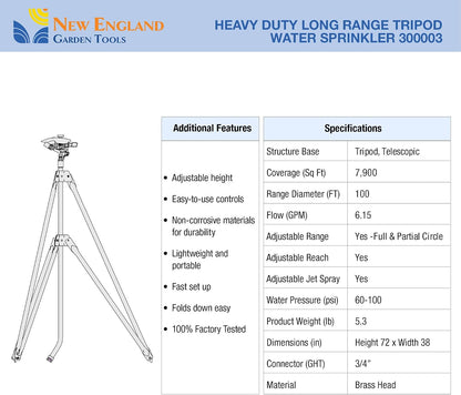 Heavy Duty Tripod Sprinkler 300003, Long Range Sprinkler with 100 FT Reach, 6 Feet Adjustable Tripod Height, 360° Range Control, for Farm, Lawn, Field, Orchard Irrigation