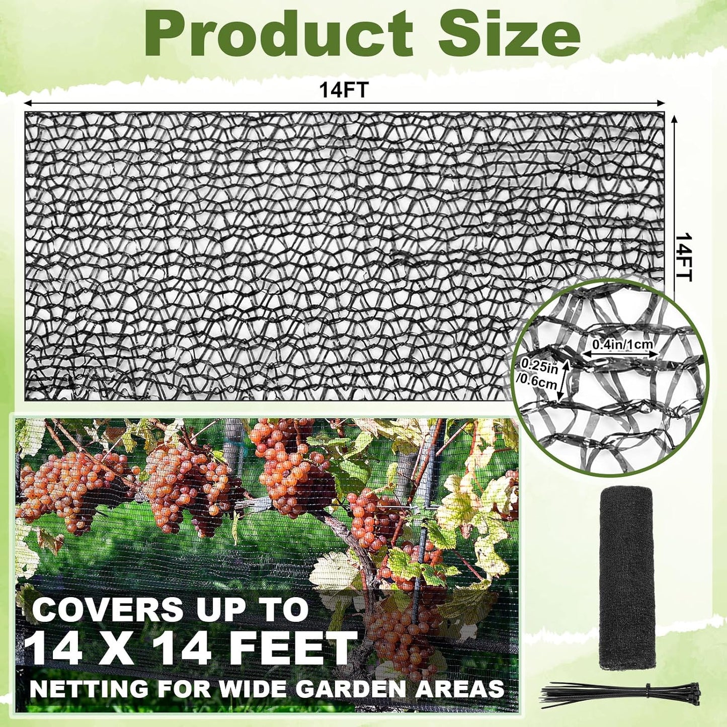 Bird Netting for Garden 14 x 14 ft Garden Netting with 1/4 Inch Mesh Heavy Duty Gardening Protection Mesh for Fruits, Vegetables, Trees, Flowers, Deer, Shields Plants from Birds